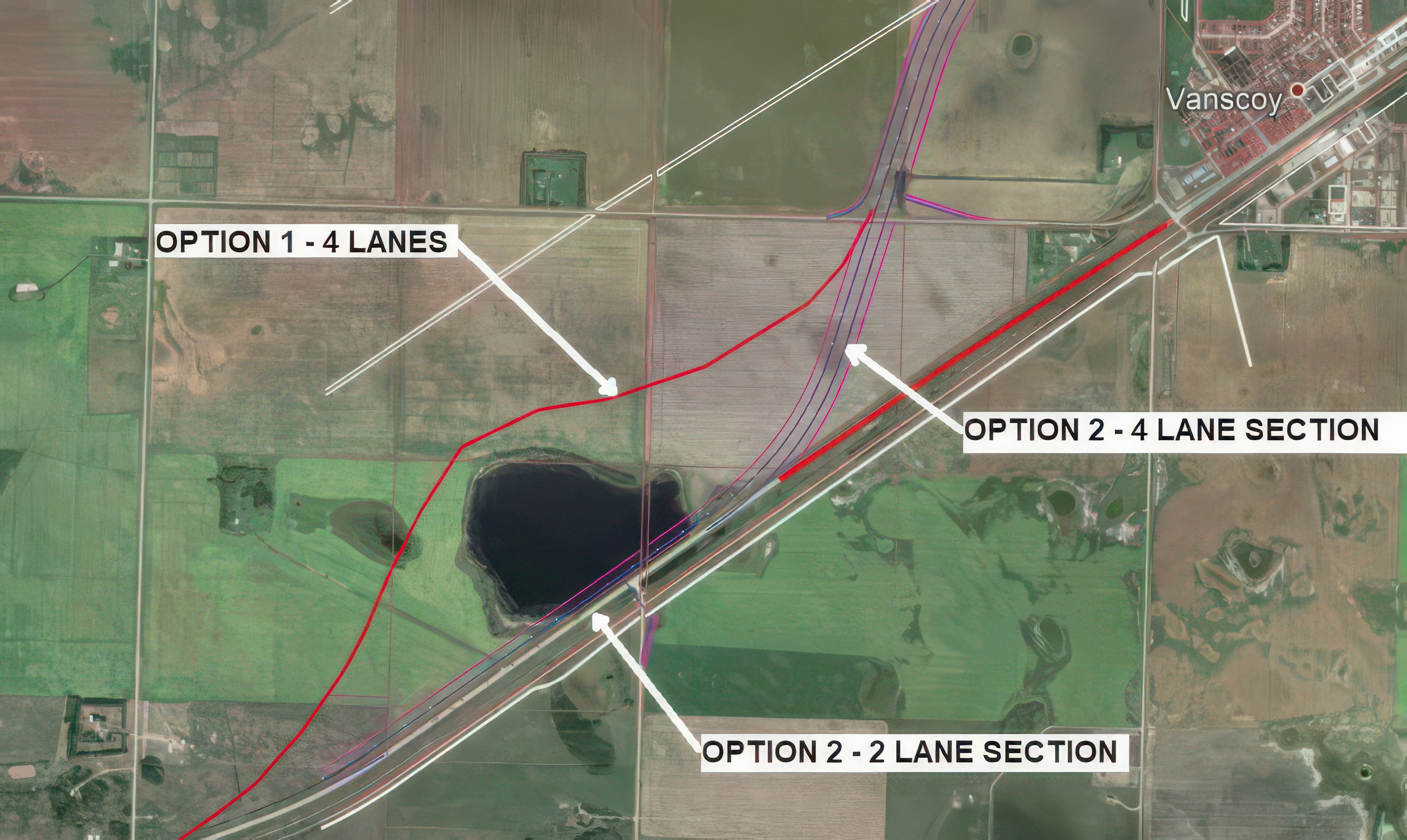 Route alignment map comparing two highway options near Vanscoy, including direct slough crossing
