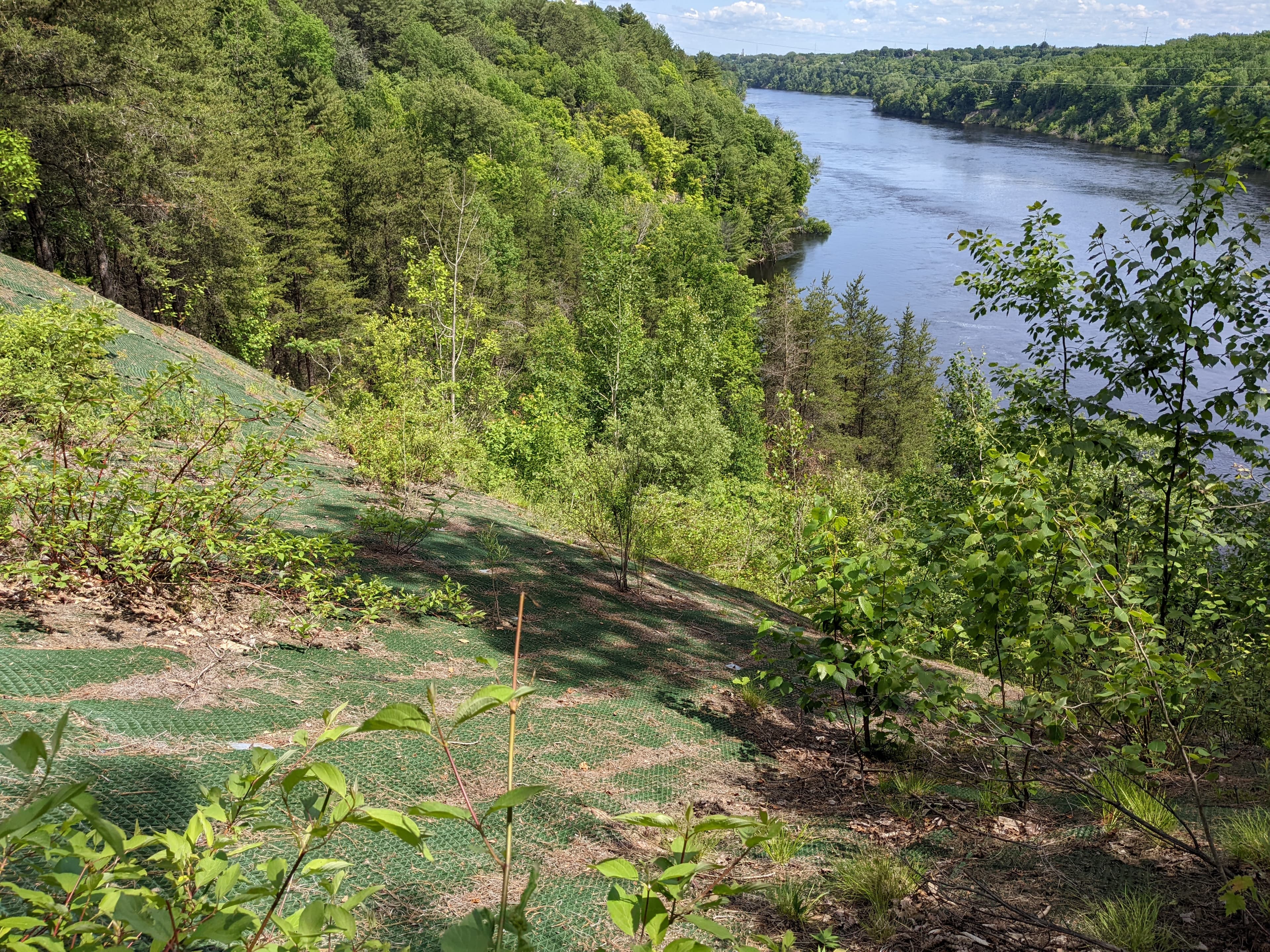 Lightweight PROPEX® Armormax® was installed by tethered workers on steep slopes, securing the terrain with PROPEX Pyramat® 75 HPTRM and B2 Engineered Earth Anchors™